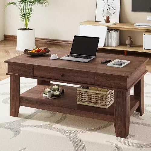 Acekool Coffee Table with Drawer and Open Storage Shelf, Large Wooden Center Table for Living Room, Easy to Clean, Brown/Light Oak