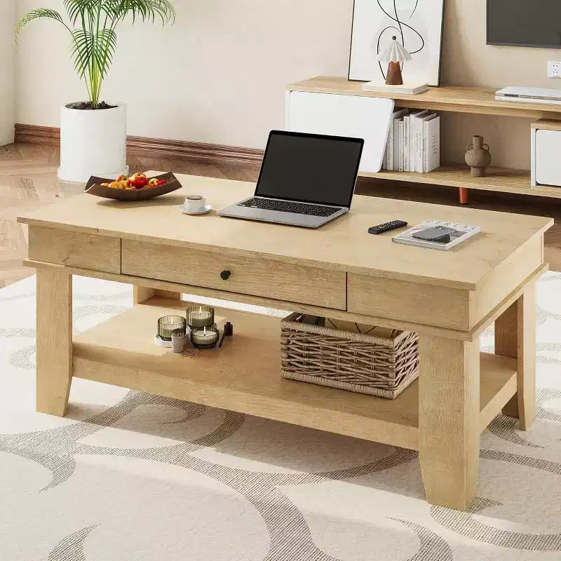 Table basse Acekool avec tiroir et étagère de rangement ouverte, grande table de salon en bois, facile à nettoyer, marron/chêne clair
