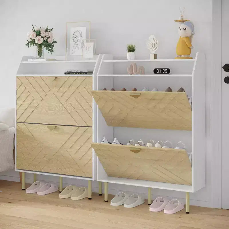 Shoe Cabinet, Entryway Cabinet  45H 2-Flip Drawer Wood Cabinet White+Wood Hidden Storage 31.1W x 9.1D