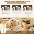 Coiffeuse de 112,7 cm avec 13 ampoules LED, 3 modes d'éclairage, miroir triple, 5 tiroirs et étagères, station de charge pour chambre à coucher, blanche