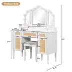 Coiffeuse de 112,7 cm avec 13 ampoules LED, 3 modes d'éclairage, miroir triple, 5 tiroirs et étagères, station de charge pour chambre à coucher, blanche