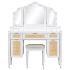 Coiffeuse de 112,7 cm avec 13 ampoules LED, 3 modes d'éclairage, miroir triple, 5 tiroirs et étagères, station de charge pour chambre à coucher, blanche
