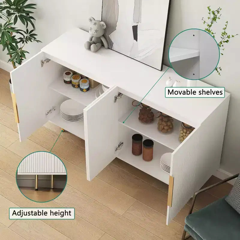 Meuble de rangement d'appoint, buffet de service, buffet de bar à café moderne du milieu du siècle avec portes à rayures verticales et étagères réglables