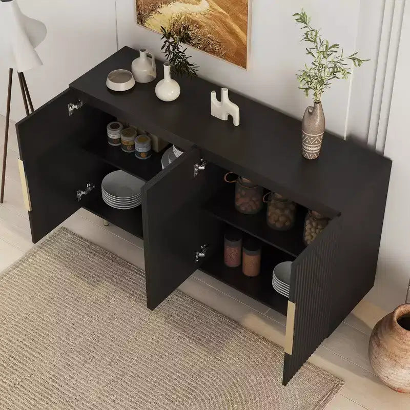 Meuble de rangement d'appoint, buffet de service, buffet de bar à café moderne du milieu du siècle avec portes à rayures verticales et étagères réglables
