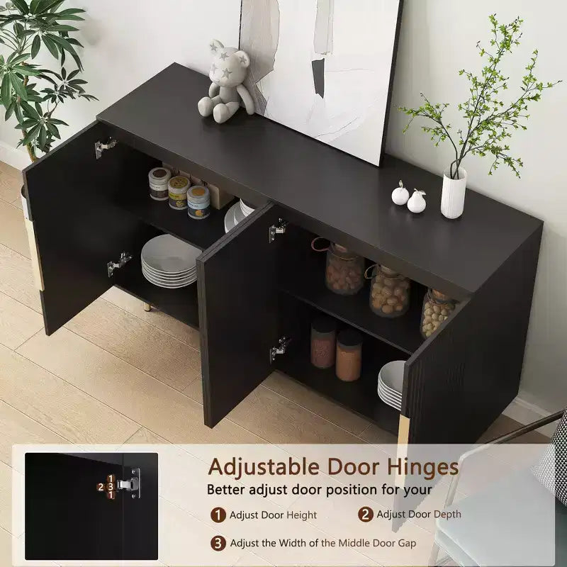 Meuble de rangement d'appoint, buffet de service, buffet de bar à café moderne du milieu du siècle avec portes à rayures verticales et étagères réglables
