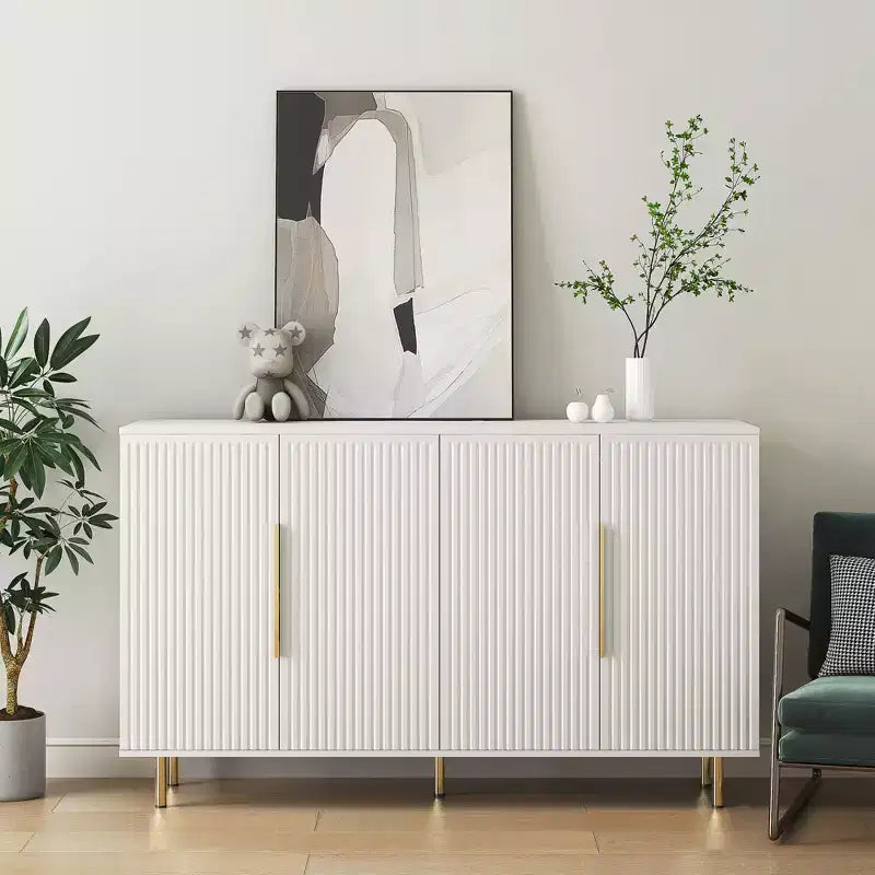 Meuble de rangement d'appoint, buffet de service, buffet de bar à café moderne du milieu du siècle avec portes à rayures verticales et étagères réglables