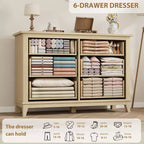 Commode 6 tiroirs pour chambre, commode de 119 cm de large avec rangement autonome, commode de rangement en bois pour salon, chambre, entrée
