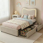 Cadre de lit avec 2 tiroirs de rangement, lit plateforme tapissé avec tête de lit LED, sommier tapissier non requis pour enfants, adolescents