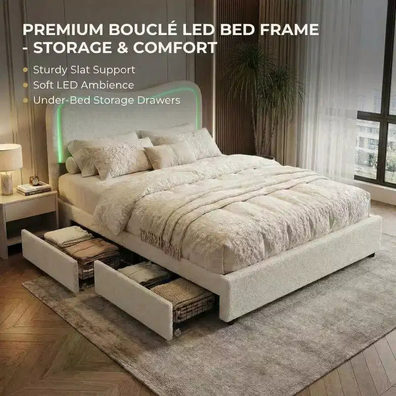 Cadre de lit avec 2 tiroirs de rangement, lit plateforme tapissé avec tête de lit LED, sommier tapissier non requis pour enfants, adolescents