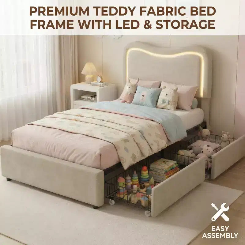 Cadre de lit avec 2 tiroirs de rangement, lit plateforme tapissé avec tête de lit LED, sommier tapissier non requis pour enfants, adolescents