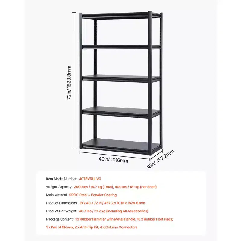 Étagères de Rangement VEVOR, 2000lbs, Étagères de Rangement de Garage à 5 Niveaux, Étagères en Métal Réglables 18 P x 40 L x 72 H pour Garage, Étagère Utilitaire, Noir