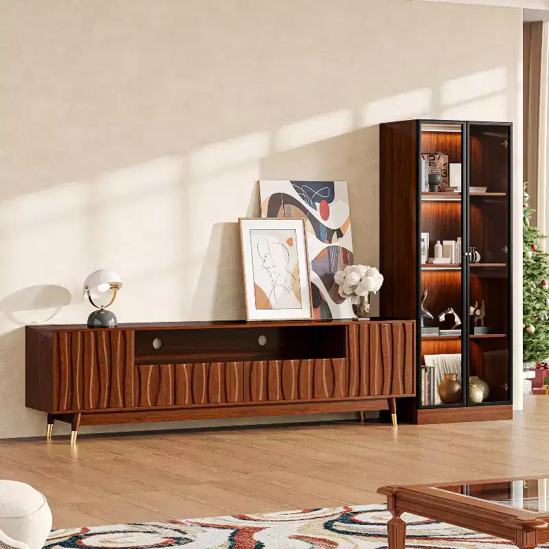 ATJafurn Walnut Mid-century Modern TV Stand with Storage and Glass Display Cabinet, Brown Wooden Entertainment Center Set Available in three sizes