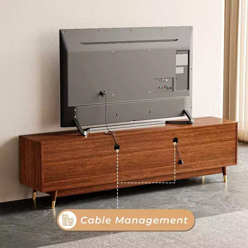Meuble TV moderne Mid-century en noyer ATJafurn avec rangement et vitrine, Ensemble de meuble de divertissement en bois brun disponible en trois tailles