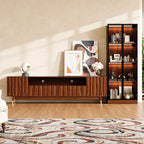 Meuble TV moderne Mid-century en noyer ATJafurn avec rangement et vitrine, Ensemble de meuble de divertissement en bois brun disponible en trois tailles