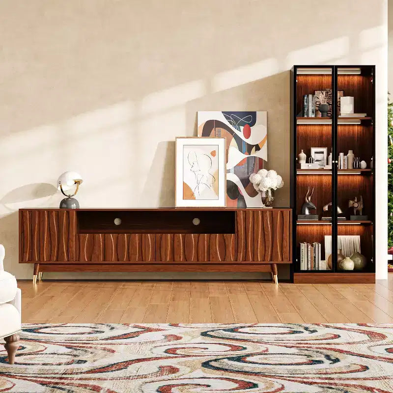 Meuble TV moderne Mid-century en noyer ATJafurn avec rangement et vitrine, Ensemble de meuble de divertissement en bois brun disponible en trois tailles