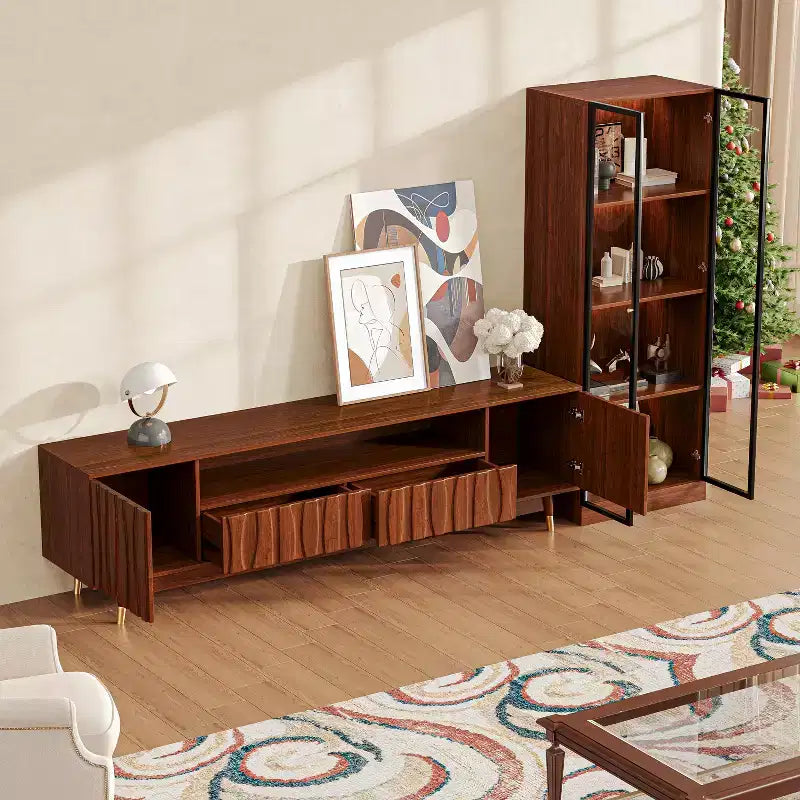 Meuble TV moderne Mid-century en noyer ATJafurn avec rangement et vitrine, Ensemble de meuble de divertissement en bois brun disponible en trois tailles