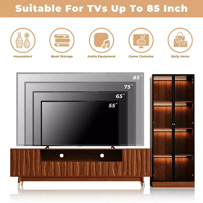 Meuble TV moderne Mid-century en noyer ATJafurn avec rangement et vitrine, Ensemble de meuble de divertissement en bois brun disponible en trois tailles