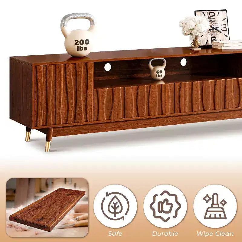 Meuble TV moderne Mid-century en noyer ATJafurn avec rangement et vitrine, Ensemble de meuble de divertissement en bois brun disponible en trois tailles