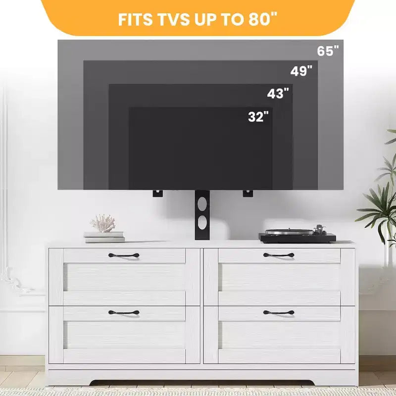 Meuble TV avec support et 4 tiroirs, meuble TV en bois pour téléviseurs jusqu'à 80 pouces, console multimédia réglable pour salon et chambre
