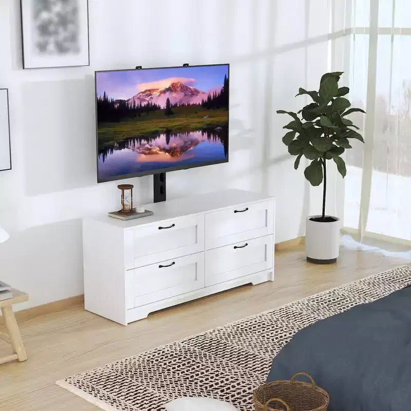 Meuble TV avec support et 4 tiroirs, meuble TV en bois pour téléviseurs jusqu'à 80 pouces, console multimédia réglable pour salon et chambre