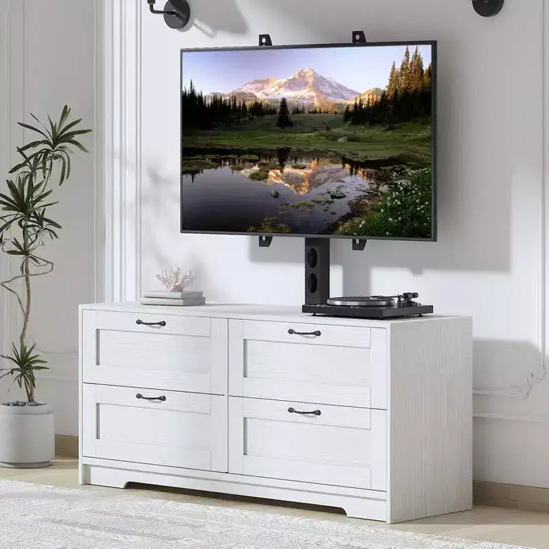 Meuble TV avec support et 4 tiroirs, meuble TV en bois pour téléviseurs jusqu'à 80 pouces, console multimédia réglable pour salon et chambre