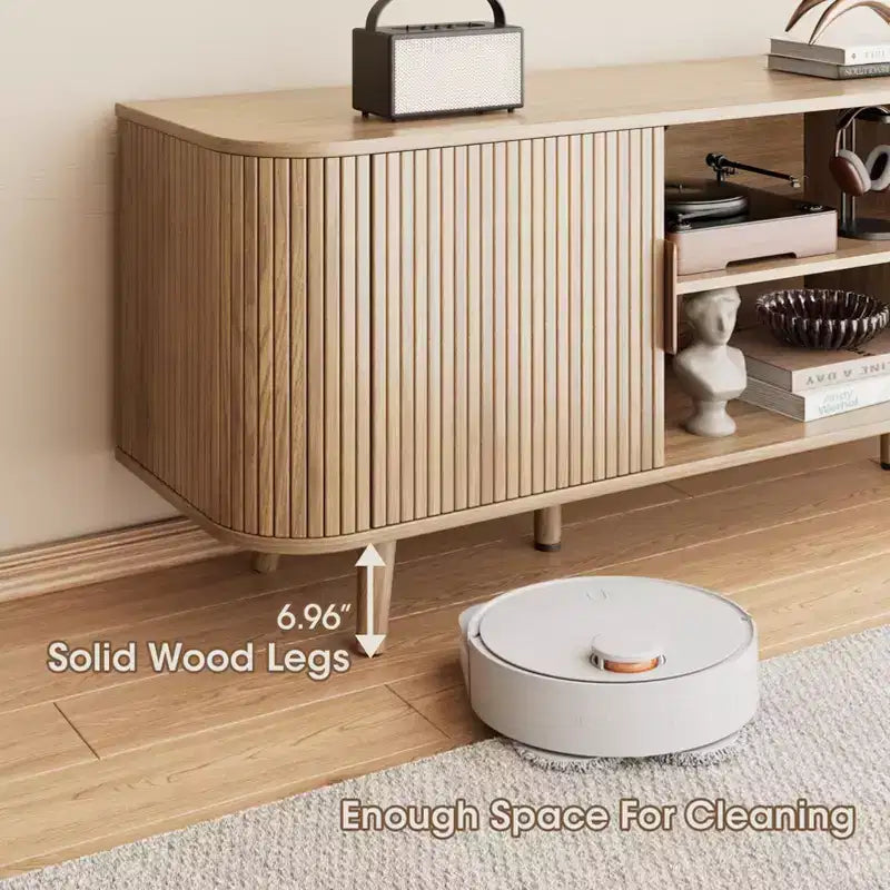Meuble TV à porte tambour de 55 pouces, meuble média en bois de chêne pour TV de 65 pouces, console moderne du milieu du siècle avec bords incurvés et étagères ouvertes