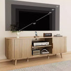 Meuble TV à porte tambour de 55 pouces, meuble média en bois de chêne pour TV de 65 pouces, console moderne du milieu du siècle avec bords incurvés et étagères ouvertes