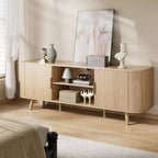 Meuble TV à porte tambour de 55 pouces, meuble média en bois de chêne pour TV de 65 pouces, console moderne du milieu du siècle avec bords incurvés et étagères ouvertes