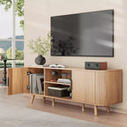 Meuble TV à porte tambour de 55 pouces, meuble média en bois de chêne pour TV de 65 pouces, console moderne du milieu du siècle avec bords incurvés et étagères ouvertes