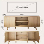 Meuble TV à porte tambour de 55 pouces, meuble média en bois de chêne pour TV de 65 pouces, console moderne du milieu du siècle avec bords incurvés et étagères ouvertes