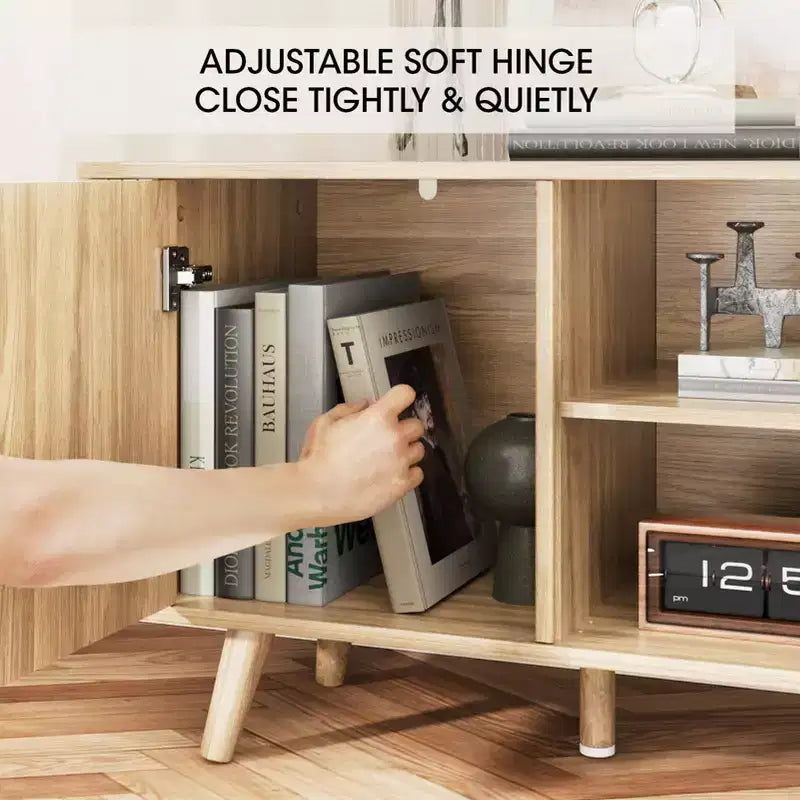 Meuble TV à porte tambour de 55 pouces, meuble média en bois de chêne pour TV de 65 pouces, console moderne du milieu du siècle avec bords incurvés et étagères ouvertes