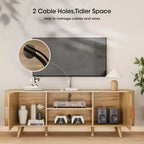 Meuble TV à porte tambour de 55 pouces, meuble média en bois de chêne pour TV de 65 pouces, console moderne du milieu du siècle avec bords incurvés et étagères ouvertes