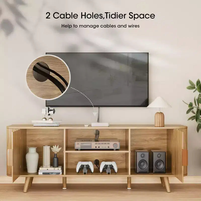 Meuble TV à porte tambour de 55 pouces, meuble média en bois de chêne pour TV de 65 pouces, console moderne du milieu du siècle avec bords incurvés et étagères ouvertes