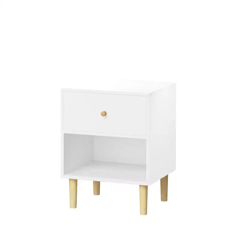23.22 Table de chevet en bois avec 1 tiroir et étagère ouverte, table de nuit en MDF avec pieds en pin et poignée en bois, blanc