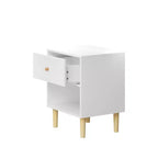 23.22 Table de chevet en bois avec 1 tiroir et étagère ouverte, table de nuit en MDF avec pieds en pin et poignée en bois, blanc