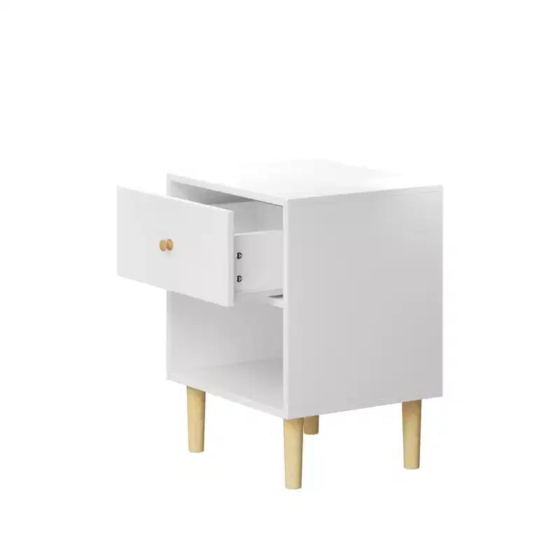 23.22 Table de chevet en bois avec 1 tiroir et étagère ouverte, table de nuit en MDF avec pieds en pin et poignée en bois, blanc