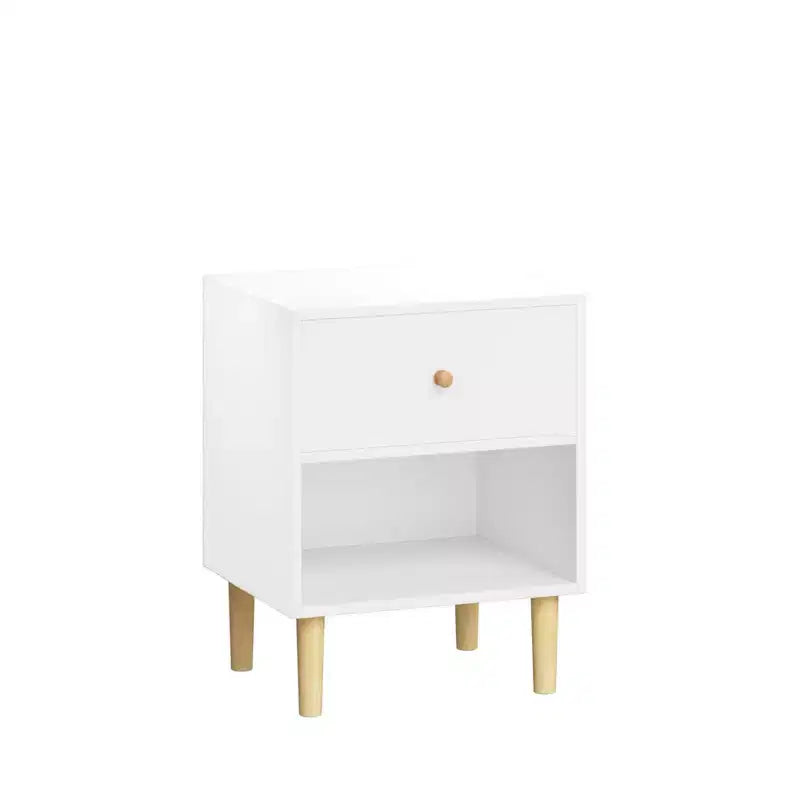 23.22 Table de chevet en bois avec 1 tiroir et étagère ouverte, table de nuit en MDF avec pieds en pin et poignée en bois, blanc