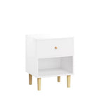23.22 Table de chevet en bois avec 1 tiroir et étagère ouverte, table de nuit en MDF avec pieds en pin et poignée en bois, blanc