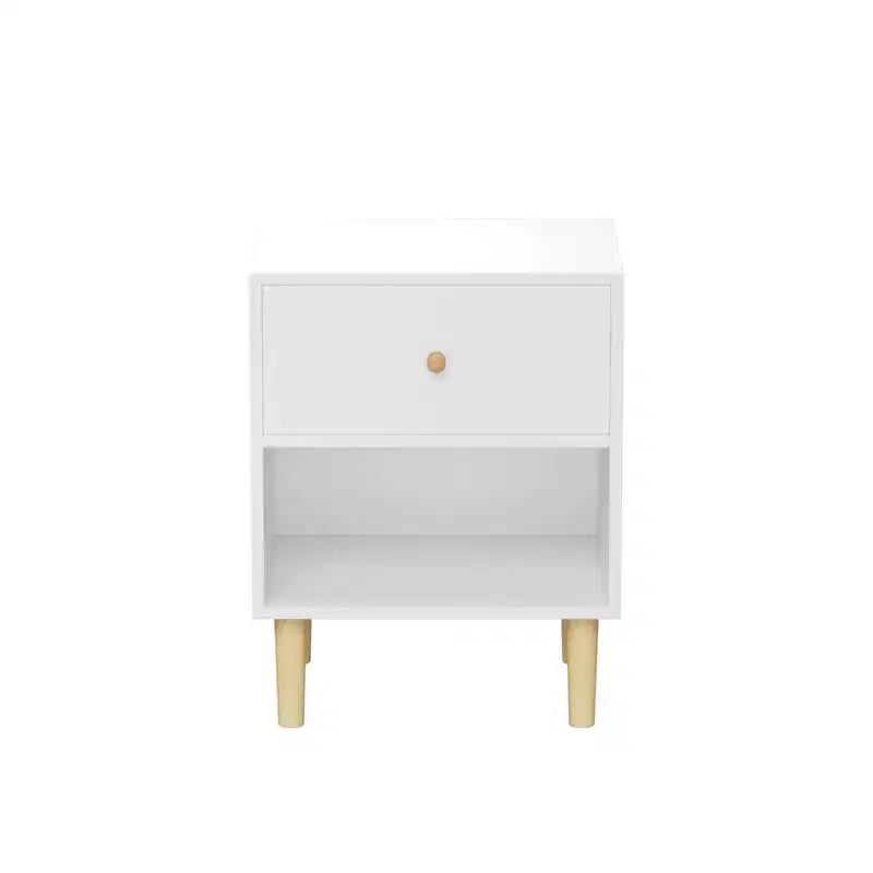 23.22 Table de chevet en bois avec 1 tiroir et étagère ouverte, table de nuit en MDF avec pieds en pin et poignée en bois, blanc
