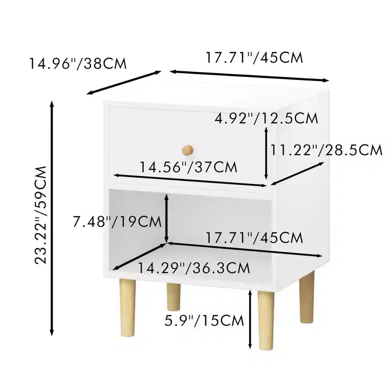 23.22 Table de chevet en bois avec 1 tiroir et étagère ouverte, table de nuit en MDF avec pieds en pin et poignée en bois, blanc