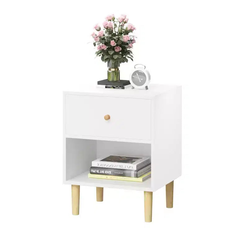 23.22 Table de chevet en bois avec 1 tiroir et étagère ouverte, table de nuit en MDF avec pieds en pin et poignée en bois, blanc