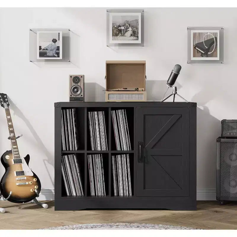 Meuble de platine vinyle avec porte, Meuble tourne-disque style ferme avec rangement, Meuble de rangement pour disques vinyles, Table console multimédia en bois multi-usages