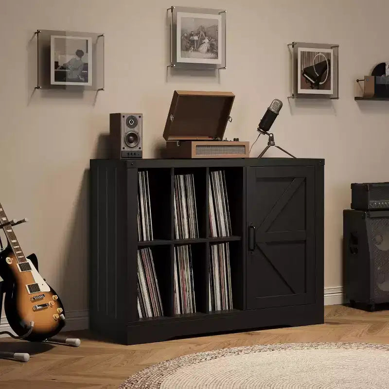 Meuble de platine vinyle avec porte, Meuble tourne-disque style ferme avec rangement, Meuble de rangement pour disques vinyles, Table console multimédia en bois multi-usages