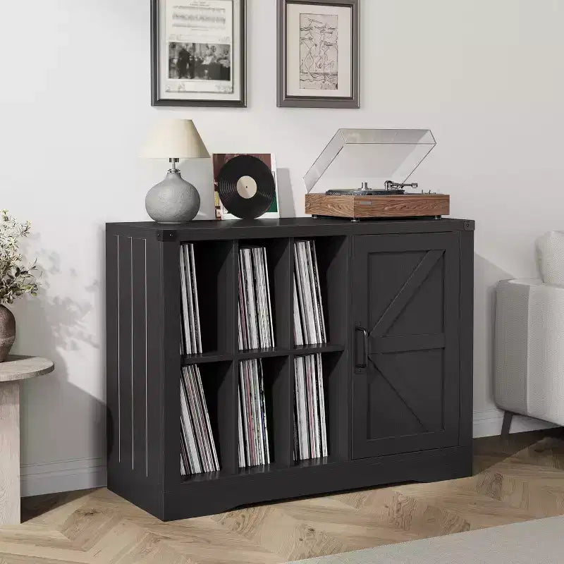 Meuble de platine vinyle avec porte, Meuble tourne-disque style ferme avec rangement, Meuble de rangement pour disques vinyles, Table console multimédia en bois multi-usages