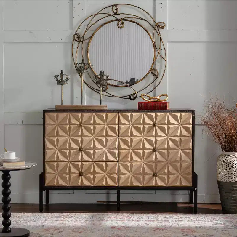 Buffet avec motif géométrique, Commode 6 tiroirs avec glissières lisses, Meuble console moderne pour cuisine salle à manger salon