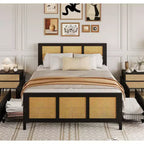 Black Rattan Bed Frame with Headboard, Boho Cane Platform Full Size Bed Frame with 4 Drawers, Strong Metal Slats Support, No Box Spring Needed