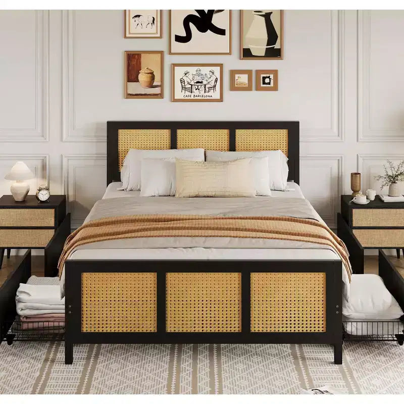 Black Rattan Bed Frame with Headboard, Boho Cane Platform Full Size Bed Frame with 4 Drawers, Strong Metal Slats Support, No Box Spring Needed