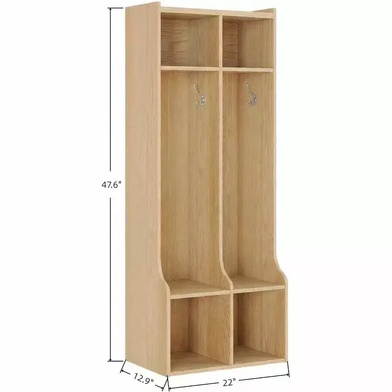 Vestiaire à 2 sections, 4 compartiments de rangement et 4 crochets, Organisateur durable pour la maison, la salle d'étude, la crèche, le jardin d'enfants