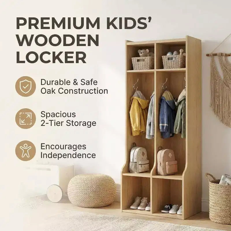Vestiaire à 2 sections, 4 compartiments de rangement et 4 crochets, Organisateur durable pour la maison, la salle d'étude, la crèche, le jardin d'enfants