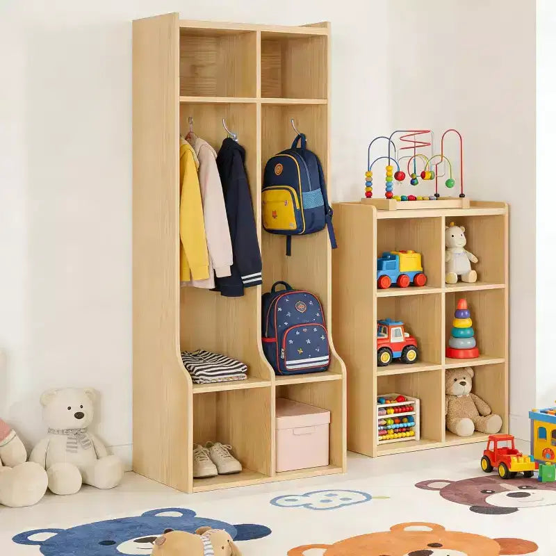 Vestiaire à 2 sections, 4 compartiments de rangement et 4 crochets, Organisateur durable pour la maison, la salle d'étude, la crèche, le jardin d'enfants